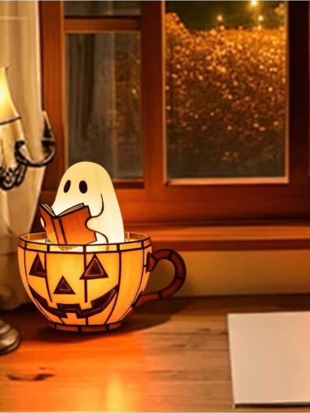 Halloween Pumpkin Mug Night Light with Ghost Accent - Orange